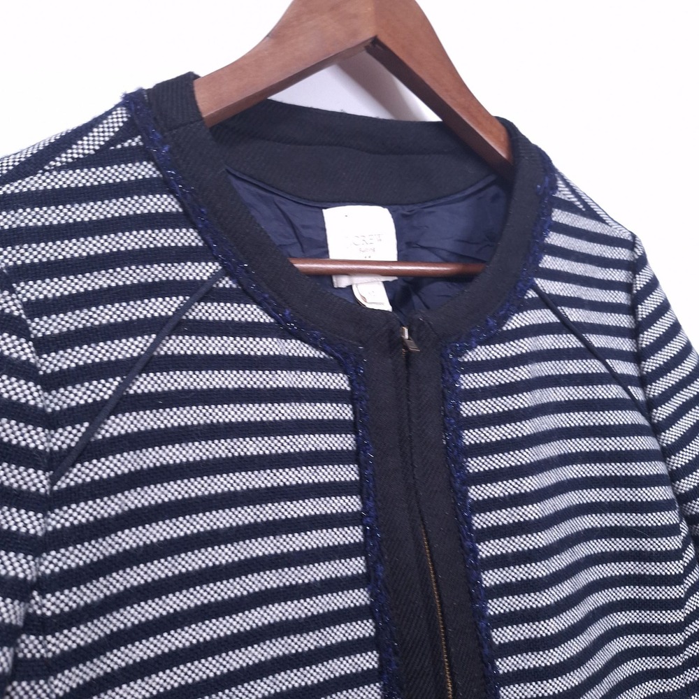 J.Crew Factory Striped Tweed Cropped Blazer Sz 12 Zip Jacket Navy Career Preppy‎ - Picture 5 of 13